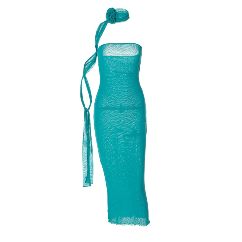Mesh Flower Scarf Strapless Solid Elegant Sexy Bodycon Midi Prom Dress