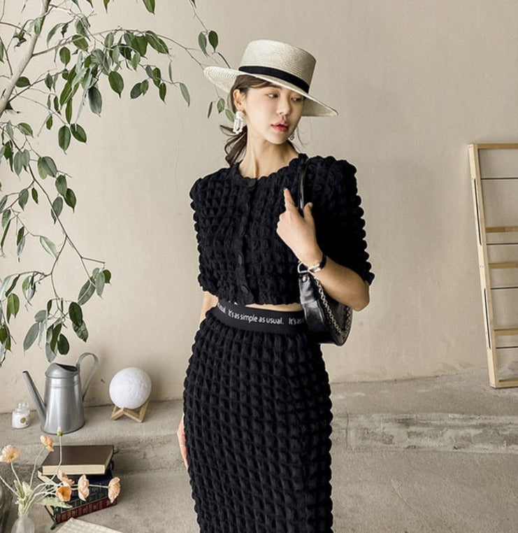Summer Ladies 2 Pieces Skirt Set Short Sleeve Single-breasted Tops & High Waist