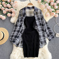 Summer Women Two Piece Set Plaid Long Sleeve Sunscreen Shirt+A-line Knitting Slip Dress