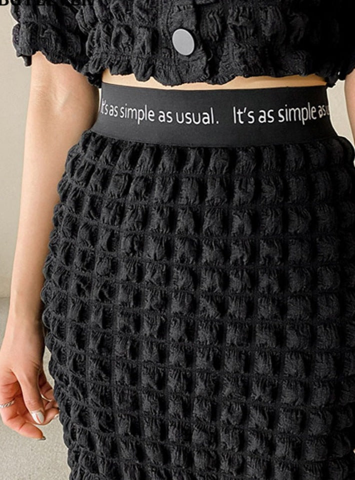 Summer Ladies 2 Pieces Skirt Set Short Sleeve Single-breasted Tops & High Waist