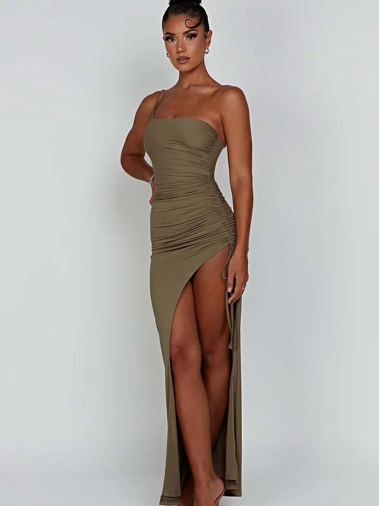 Drawstring High Slit Shoulder Slim Elastic Maxi Bodycon Dress