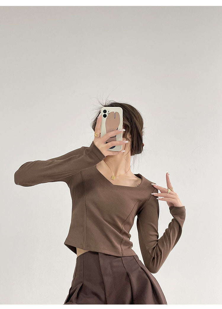 Fishbone Pattern Women's Long Sleeve T-shirt High Waist Slim Square Collar Tops Woman