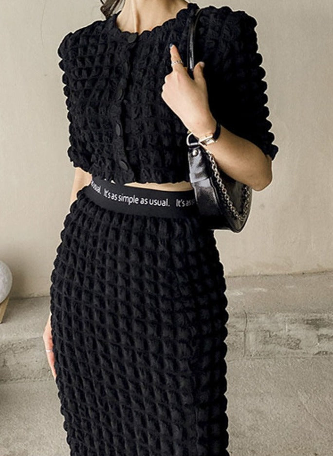 Summer Ladies 2 Pieces Skirt Set Short Sleeve Single-breasted Tops & High Waist