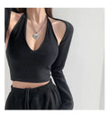 Y2K T-shirt Two Piece Women Long Sleeve Smock+Knitted Halterneck Camis Skinny Cropped Tops Woman