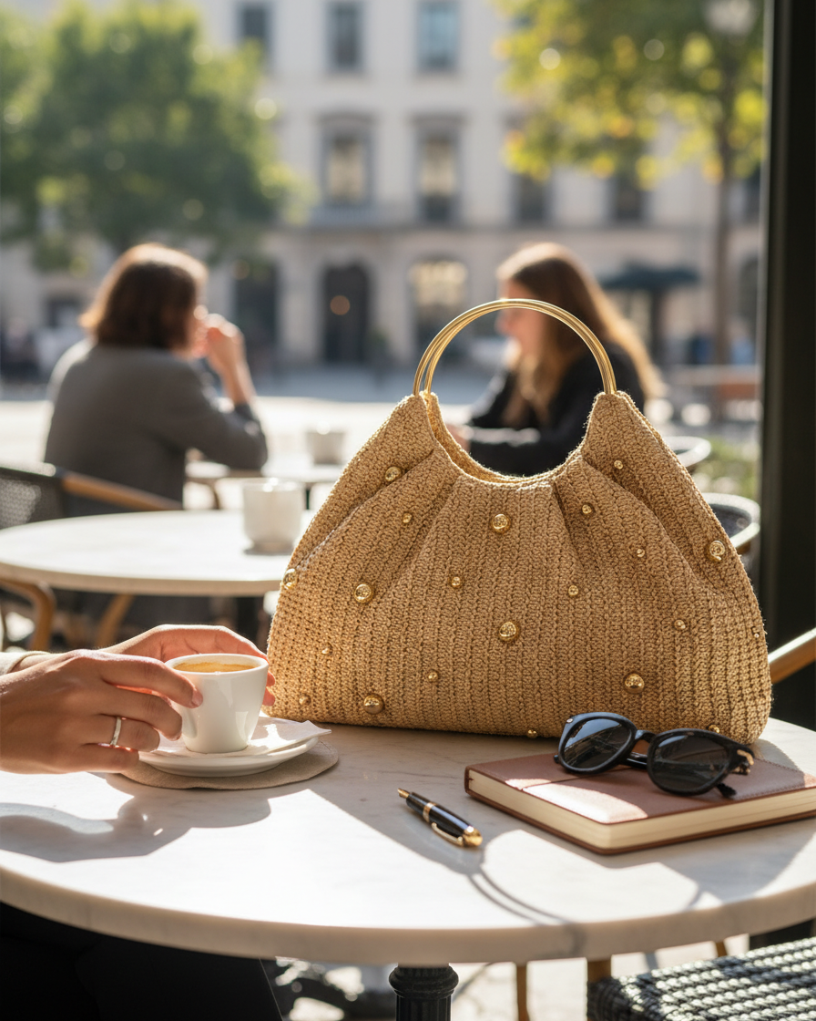 Artisanal Studded Handwoven Raffia Bag with Sculptural Gold Ring Handle