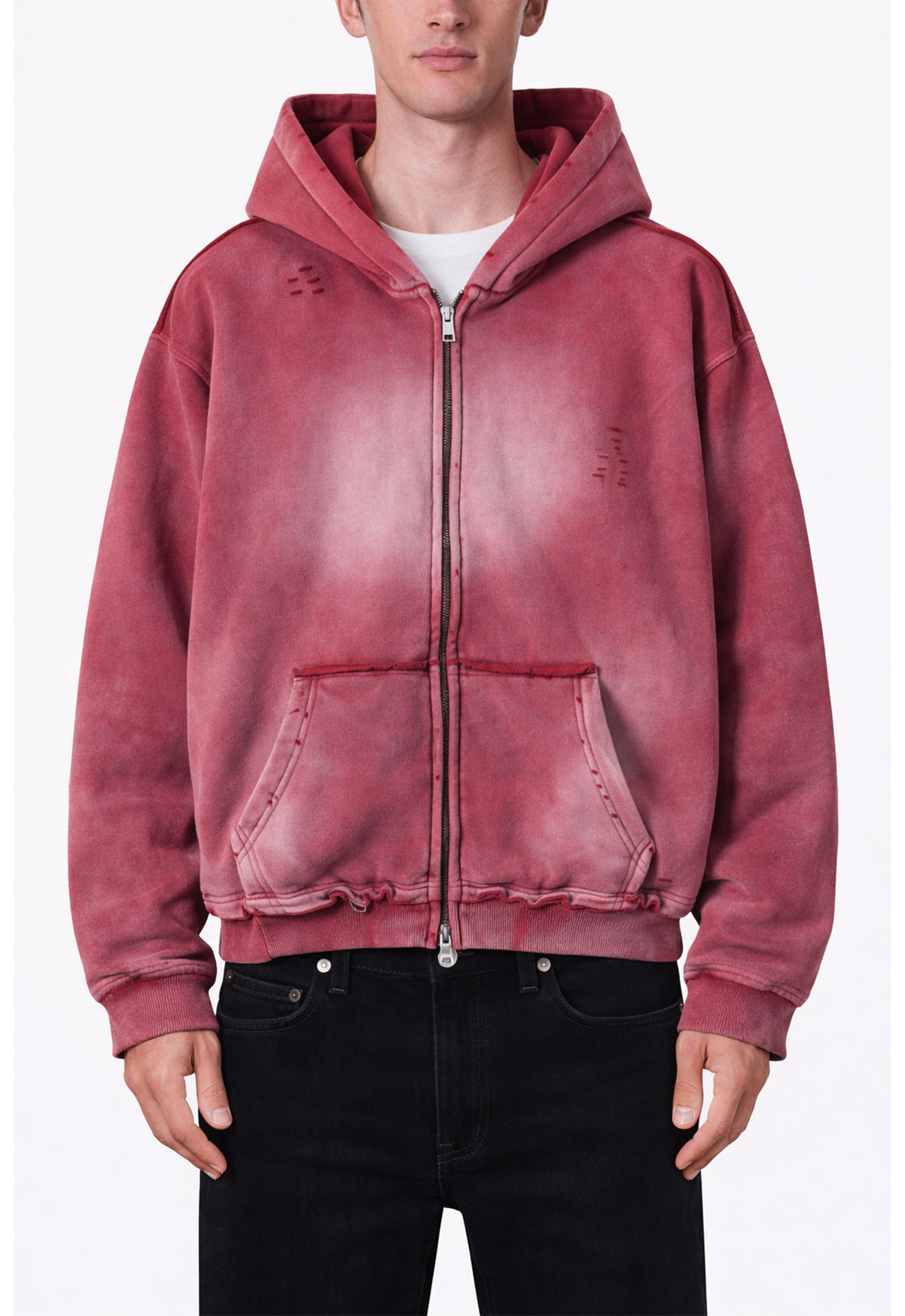 ROSE DISTRESSED ZIP HOODIE