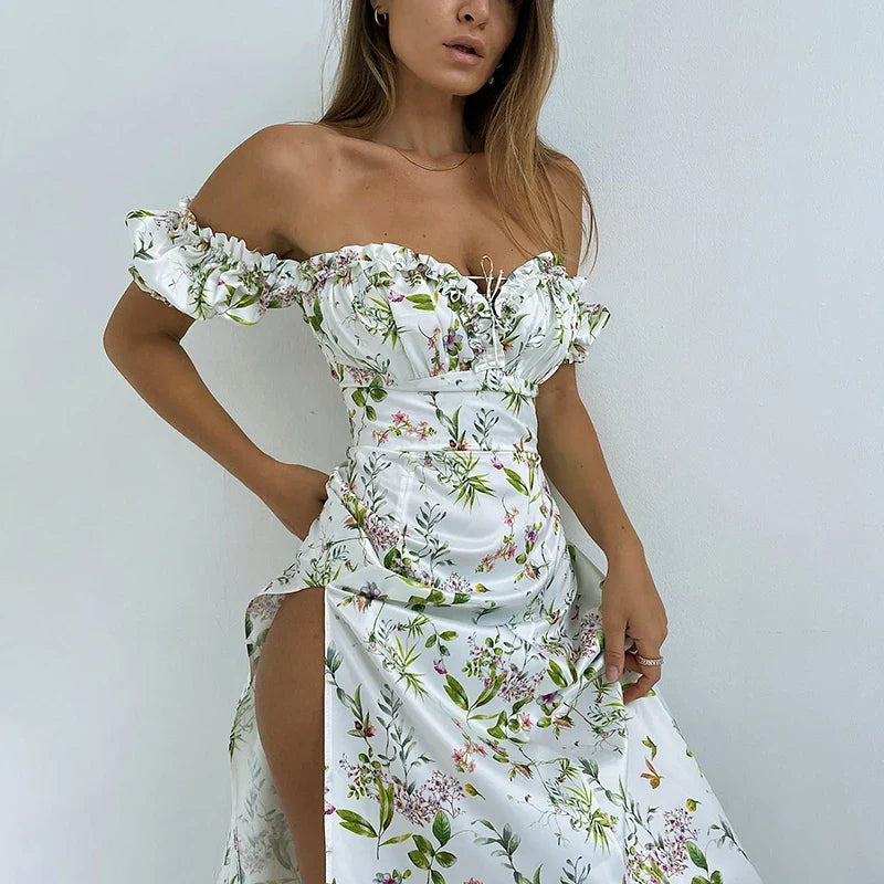 Summer Floral Off Shoulder Puff Sleeve Maxi Dress