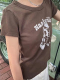 Vintage Brown Guitar Print Slim Tee Tops Women