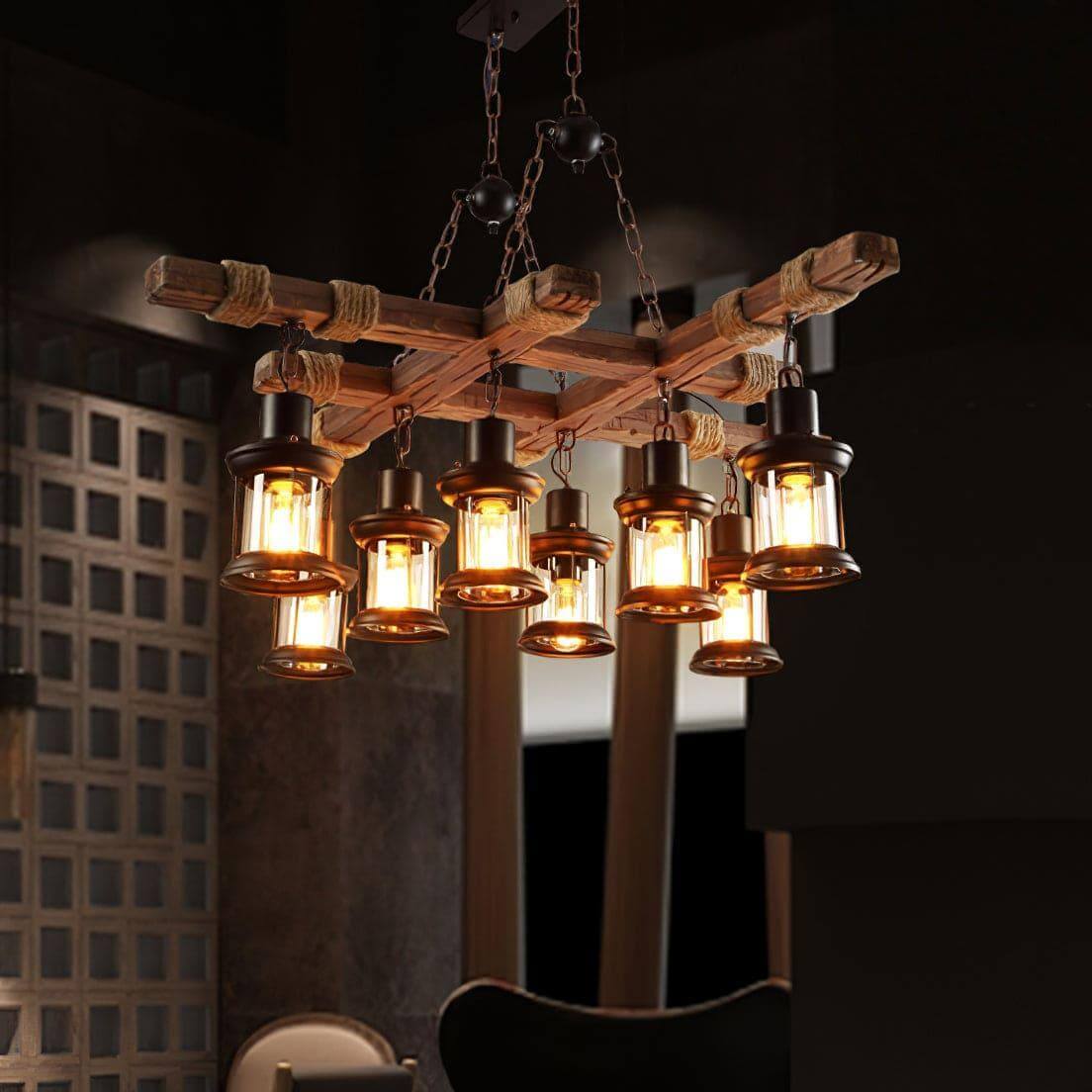 Vintage Wood Glass Chandelier