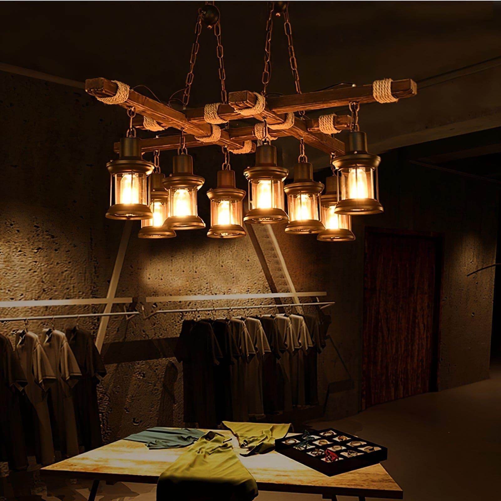 Vintage Wood Glass Chandelier