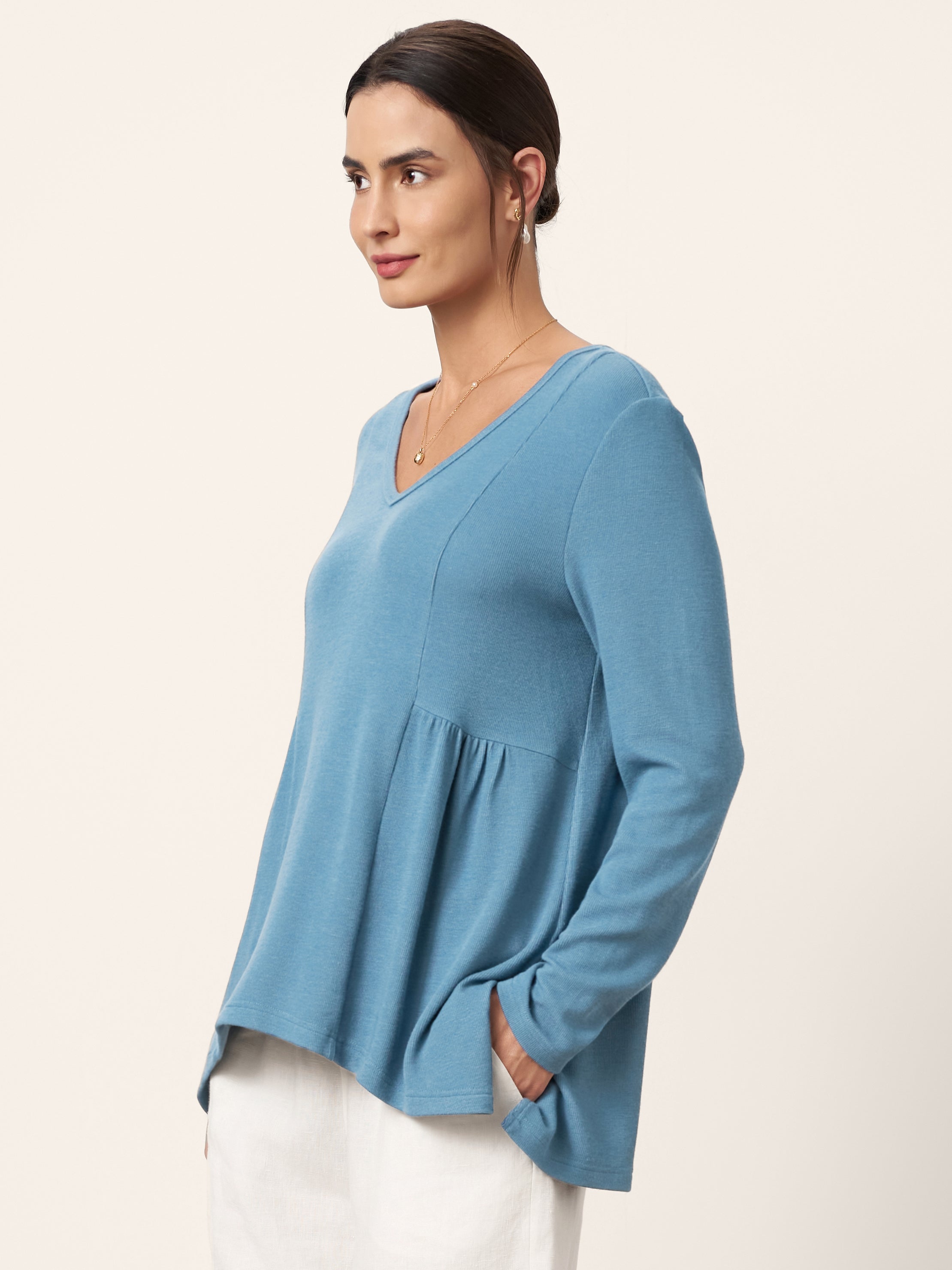 Wool-Blend Sweetheart Pleated Long Sleeve Top AMBER