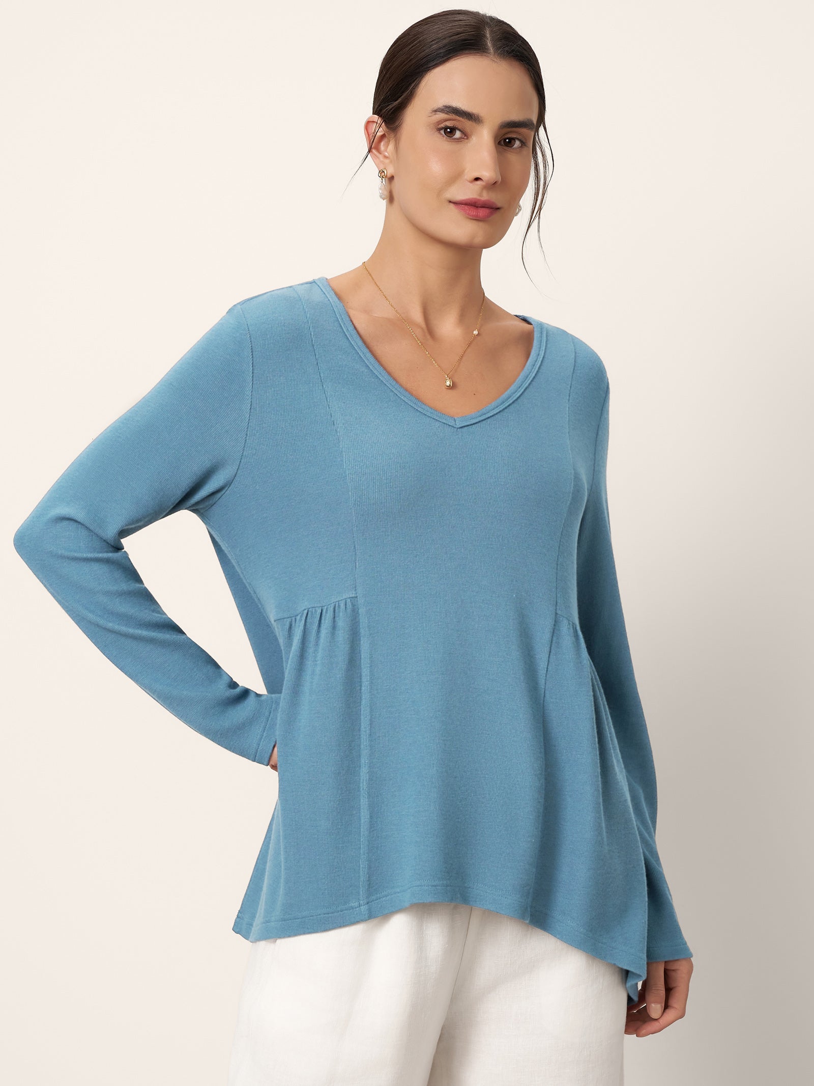 Wool-Blend Sweetheart Pleated Long Sleeve Top AMBER