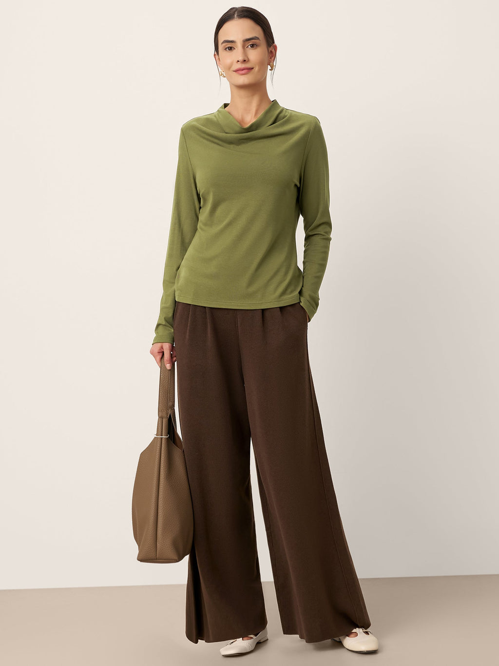 Wool Cowl Drape Stretch Long Sleeve Top INEKE