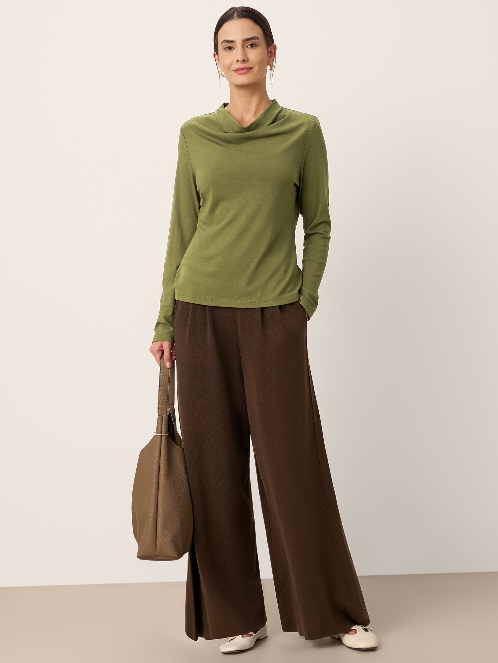 Wool Cowl Drape Stretch Long Sleeve Top INEKE