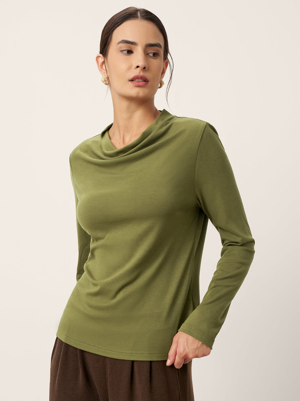 Wool Cowl Drape Stretch Long Sleeve Top INEKE