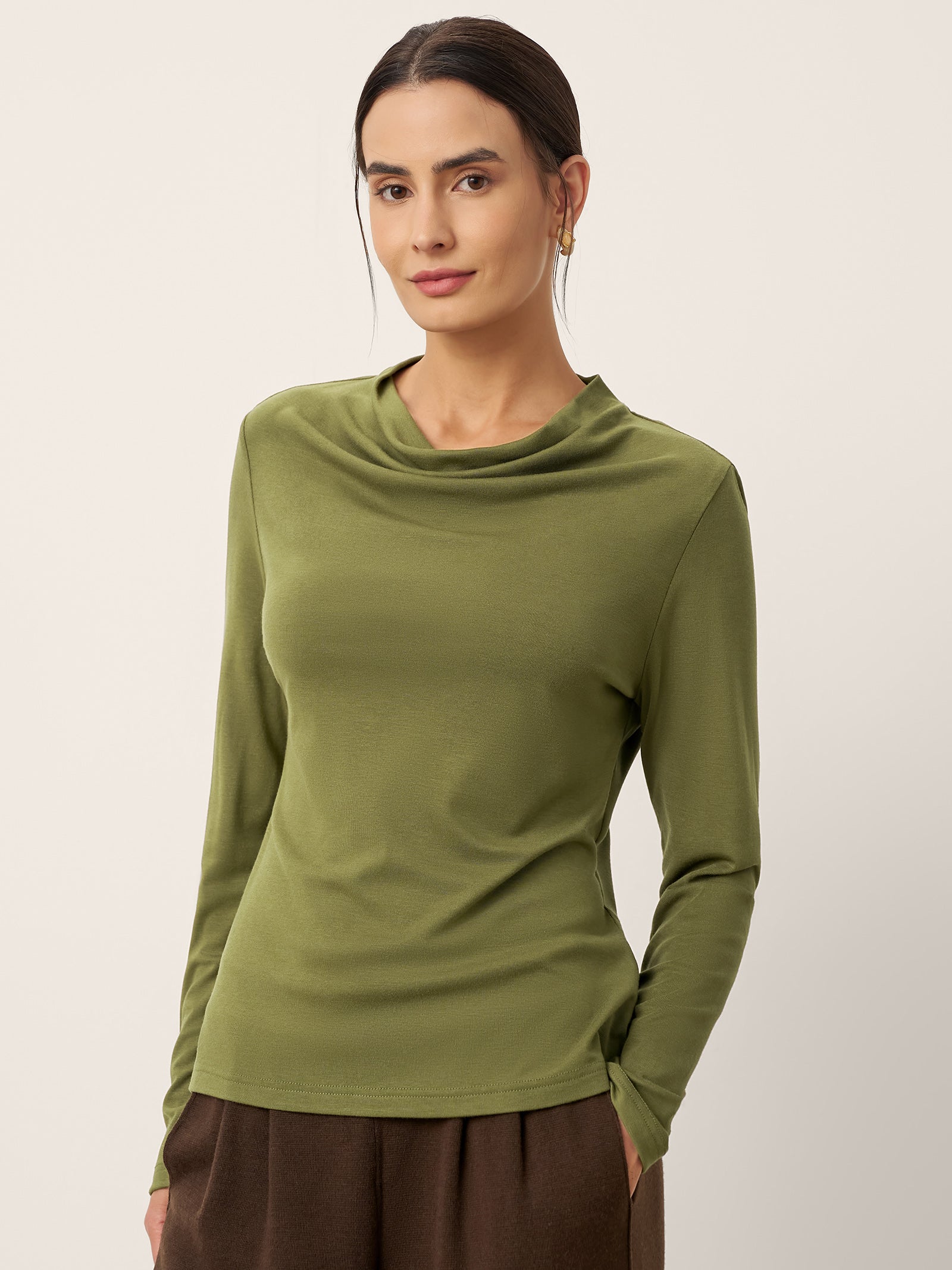 Wool Cowl Drape Stretch Long Sleeve Top INEKE
