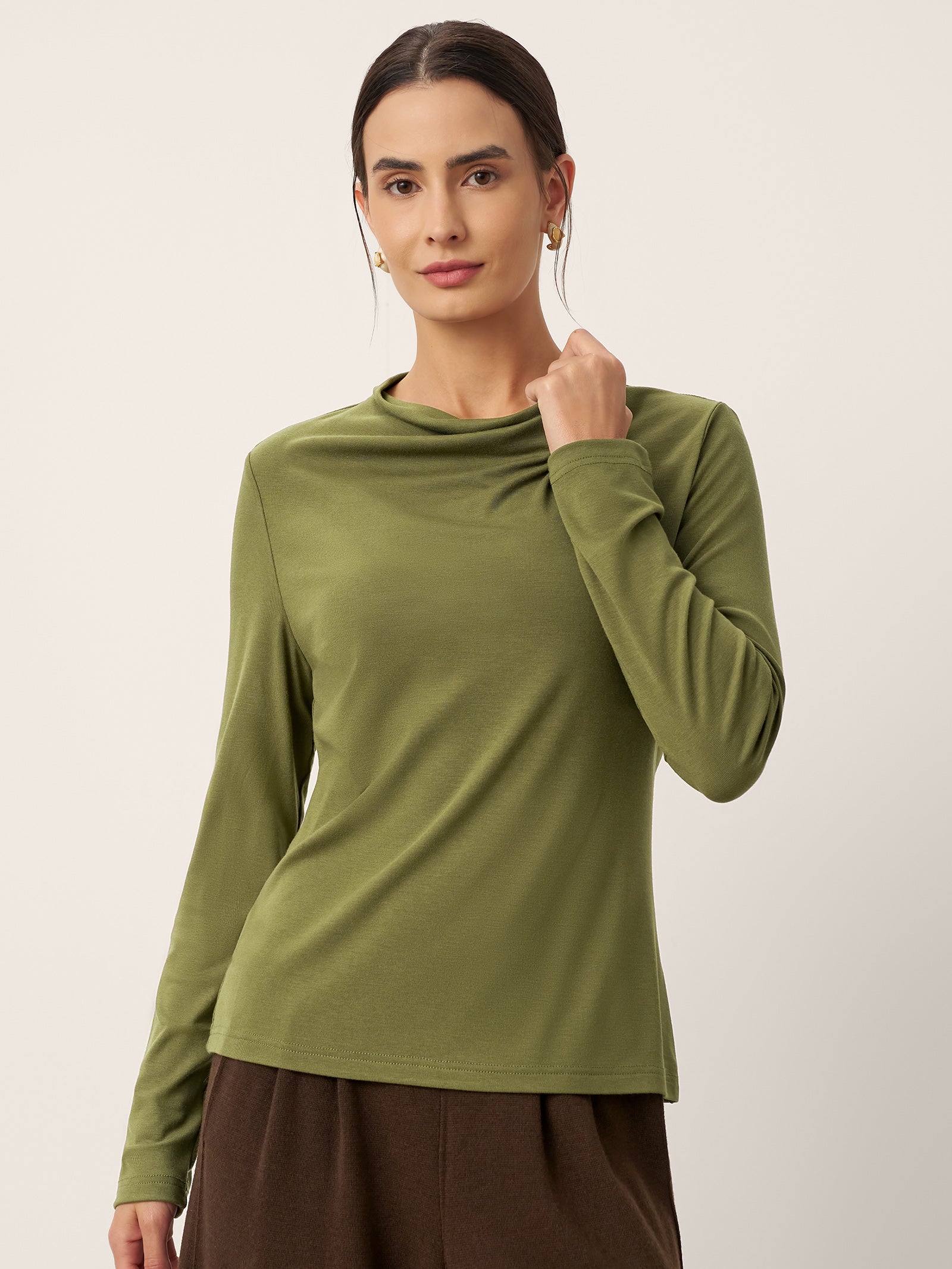 Wool Cowl Drape Stretch Long Sleeve Top INEKE
