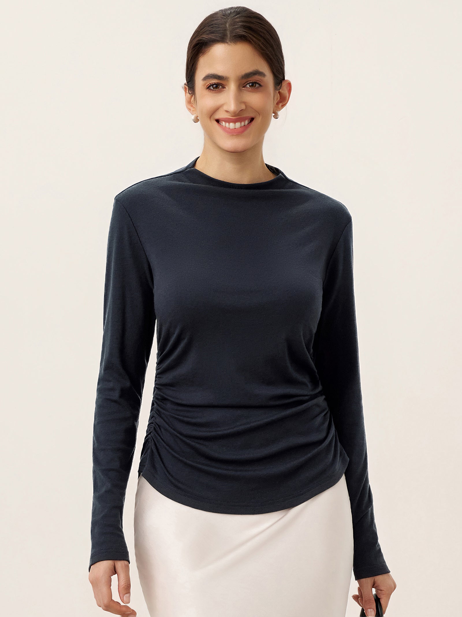 Wool Mock Neck Waist Pleat Top ISOLDE
