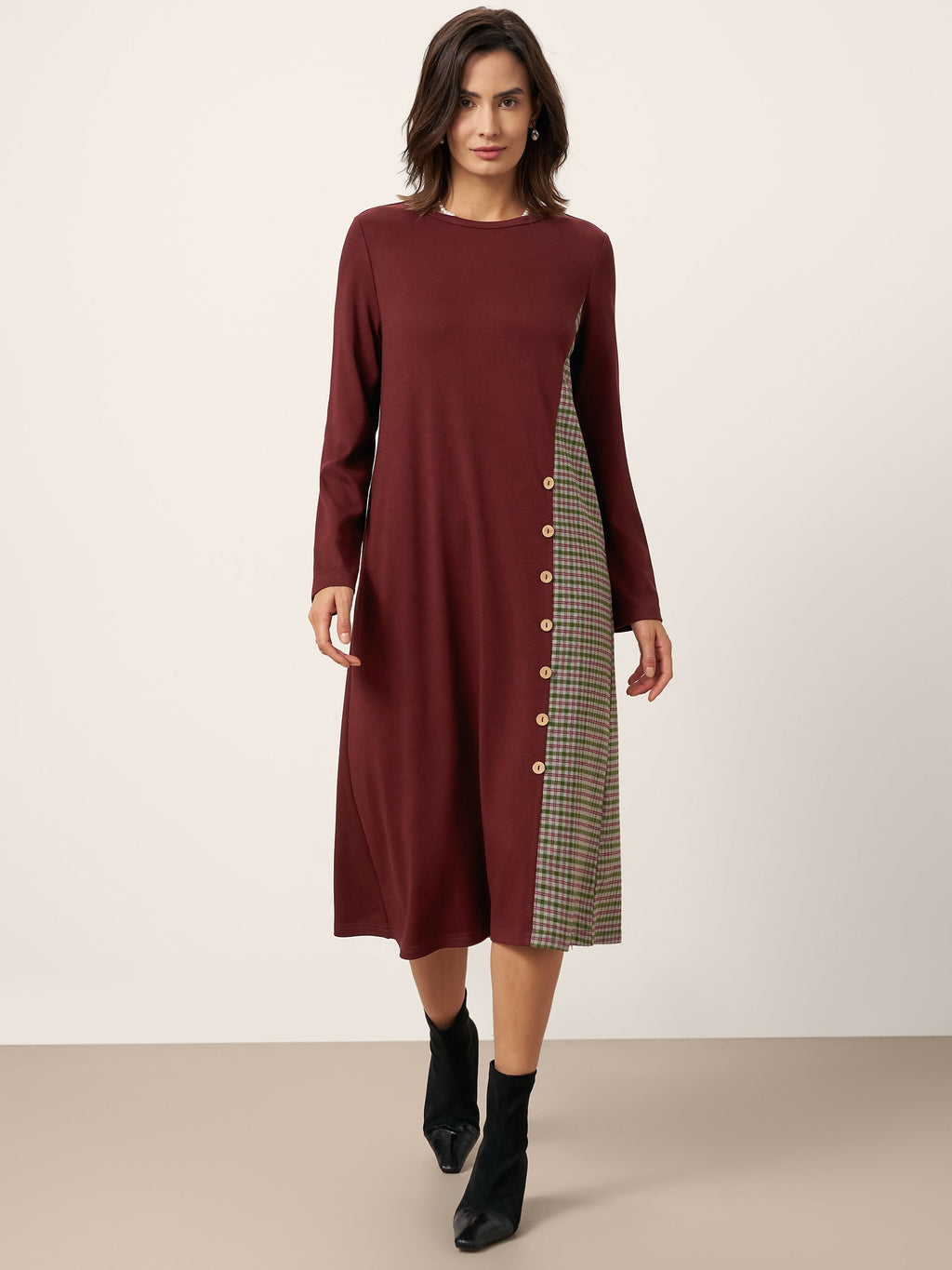 Wool Plaid Panel Midi Dress ALIA
