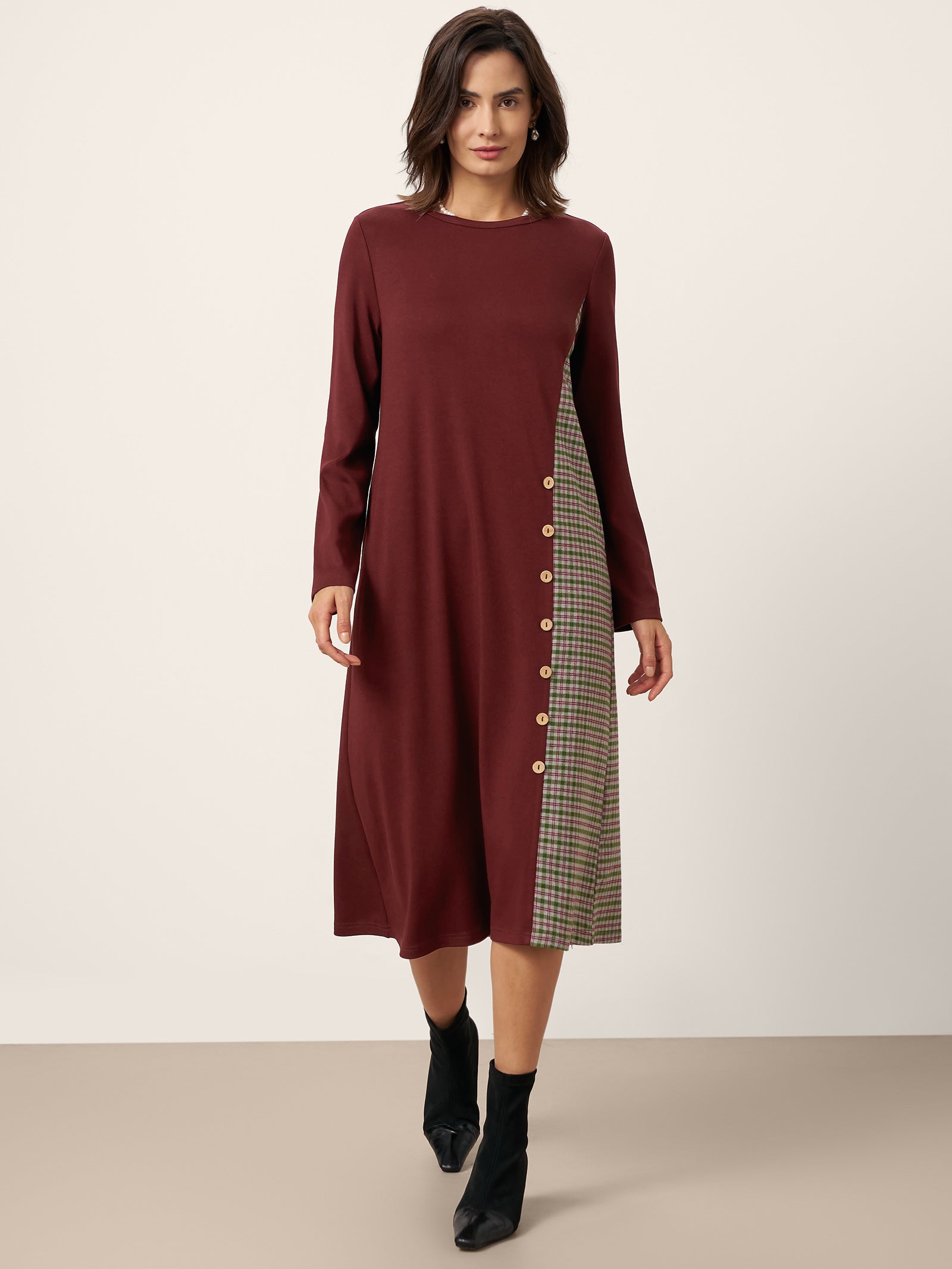 Wool Plaid Panel Midi Dress ALIA