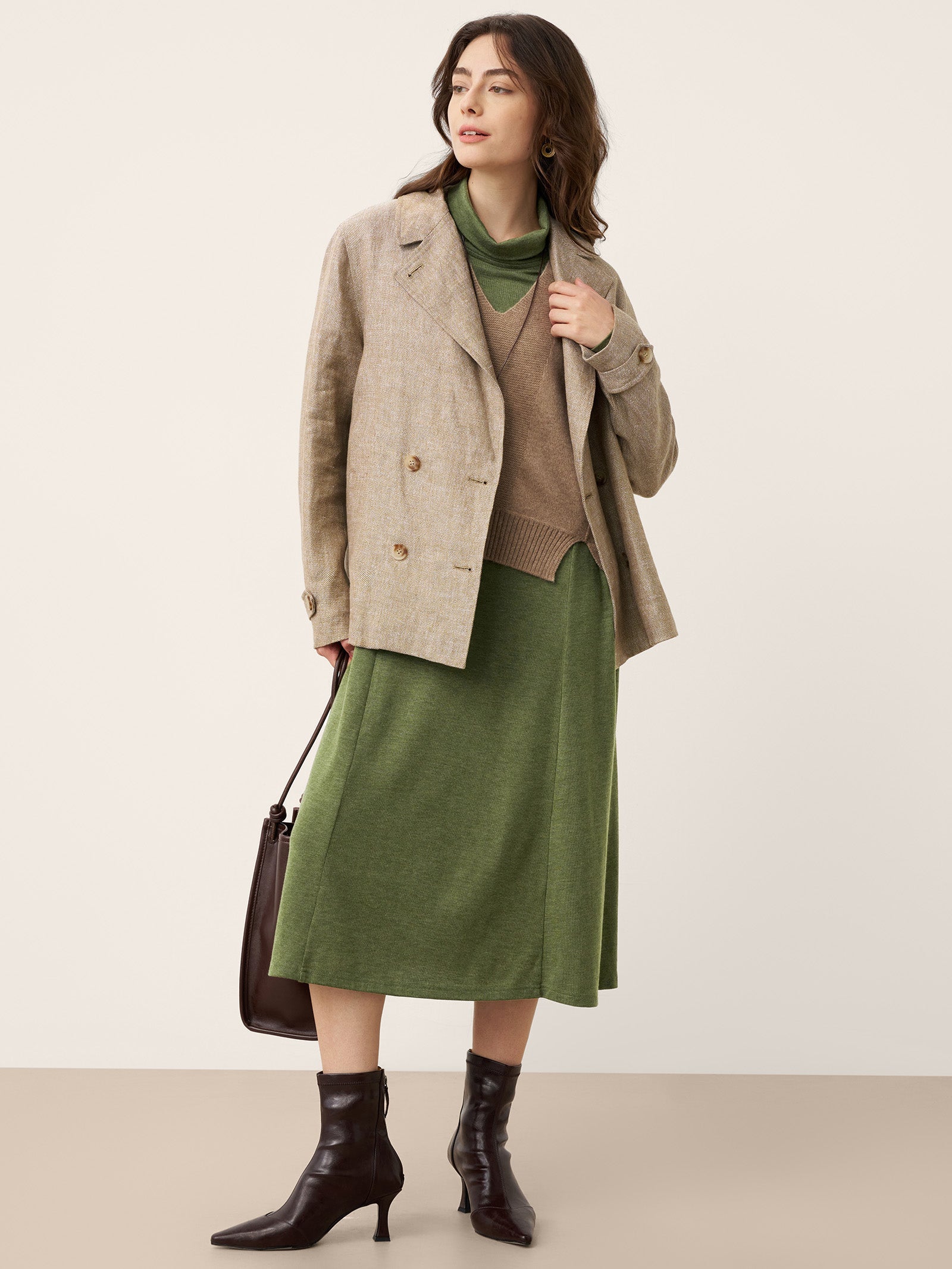 Wool Sculpted Pleats Turtleneck Midi Dress BRIAR