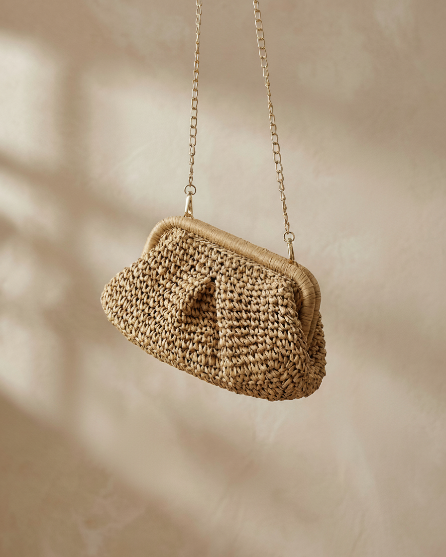 Woven Straw Crossbody Bag with Chain Strap