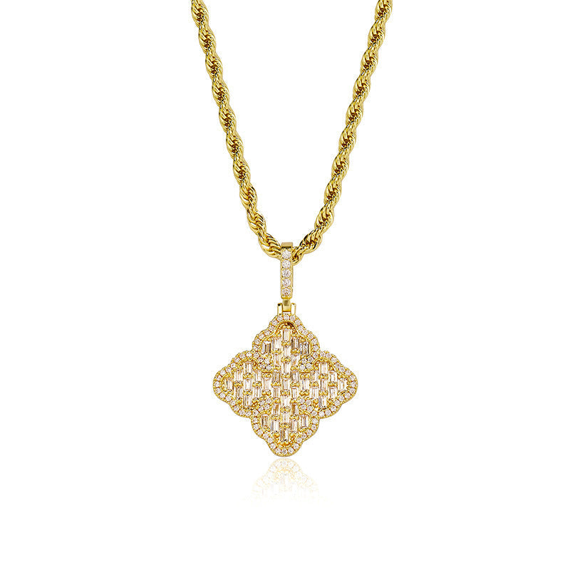 Full-diamond zircon four-leaf clover necklace
