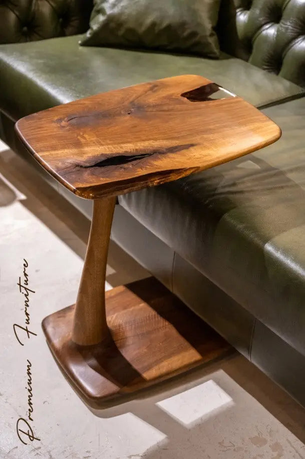 C-Shaped Walnut & Resin End Table with Wheels