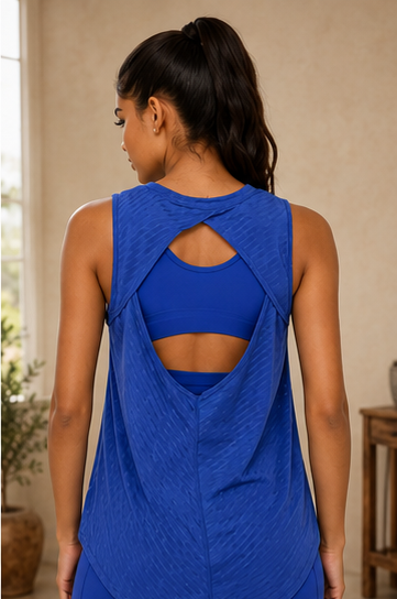 Sheer Striped Mesh Active Tank with Cut-Out Back Blue