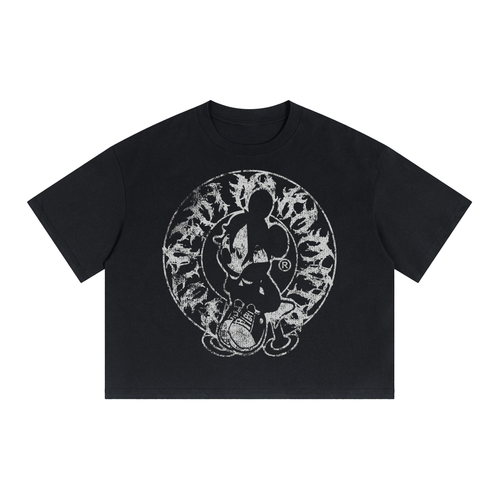 Alone Streetwear Tee Cropped Boxy T-Shirt Y2K 250GSM Summer Black Short Sleeve Crew Neck