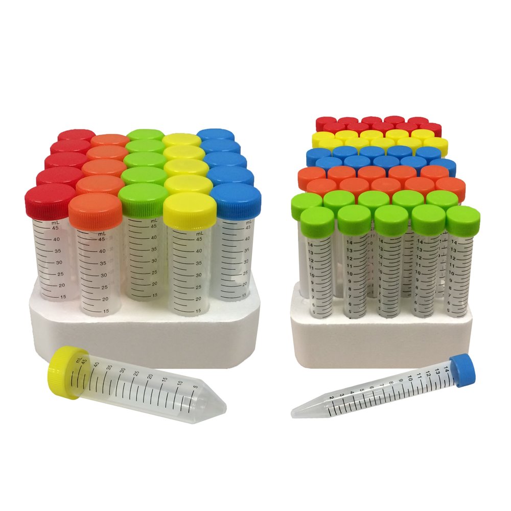 MTC Bio C2751 SpectraTube™ 50mL PP (29x115mm), flat rainbow screw cap, bulk bags, 25 tubes of each color (blue, yellow, red, green, orange) per bag, 4 bags of each color per pack , 500/cs
