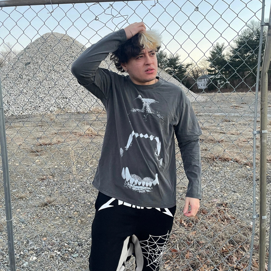 Dog Bite Streetwear Faux Layered Long Sleeve Tee In Faded Dark Grey 230 GSM Durable True To Size