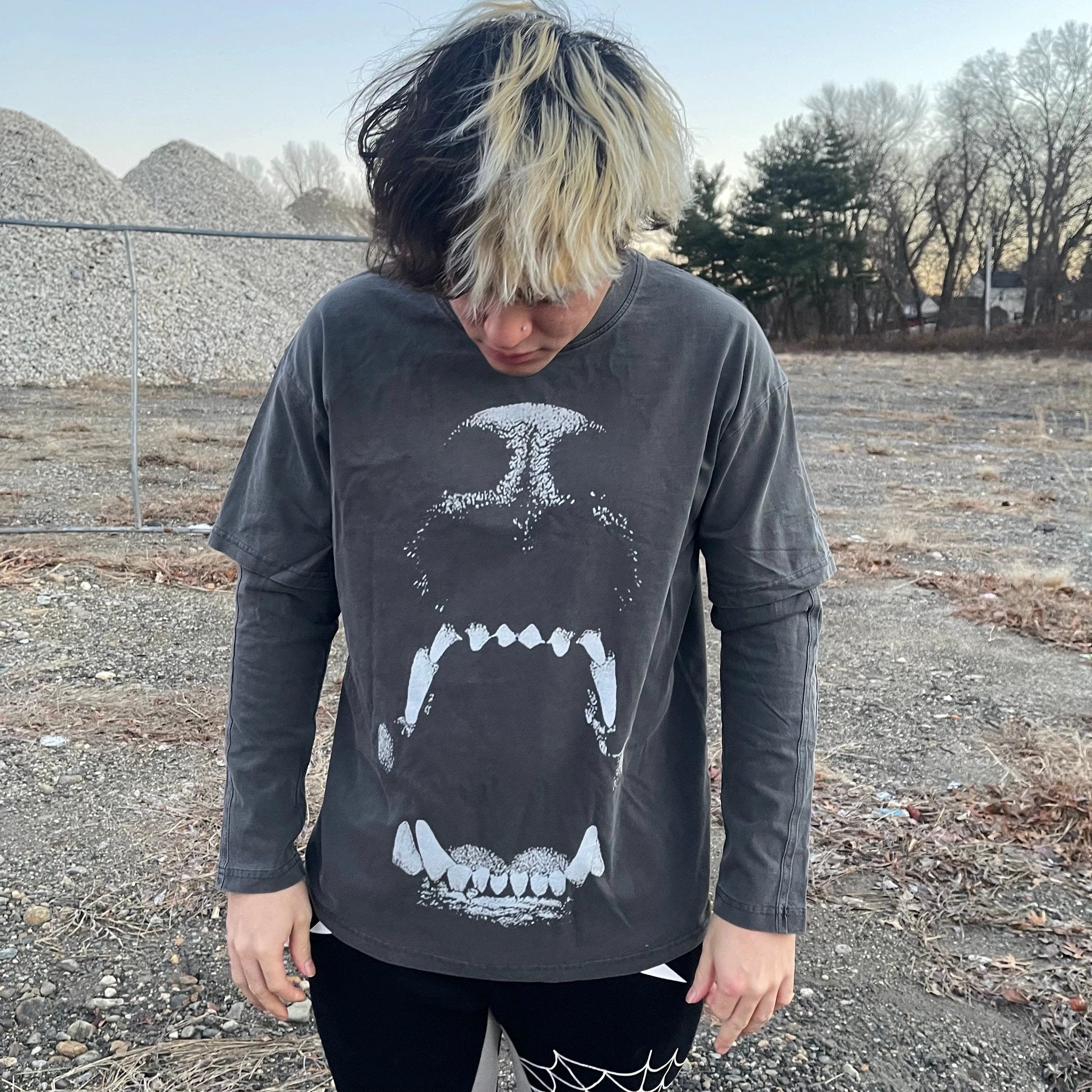 Dog Bite Streetwear Faux Layered Long Sleeve Tee In Faded Dark Grey 230 GSM Durable True To Size