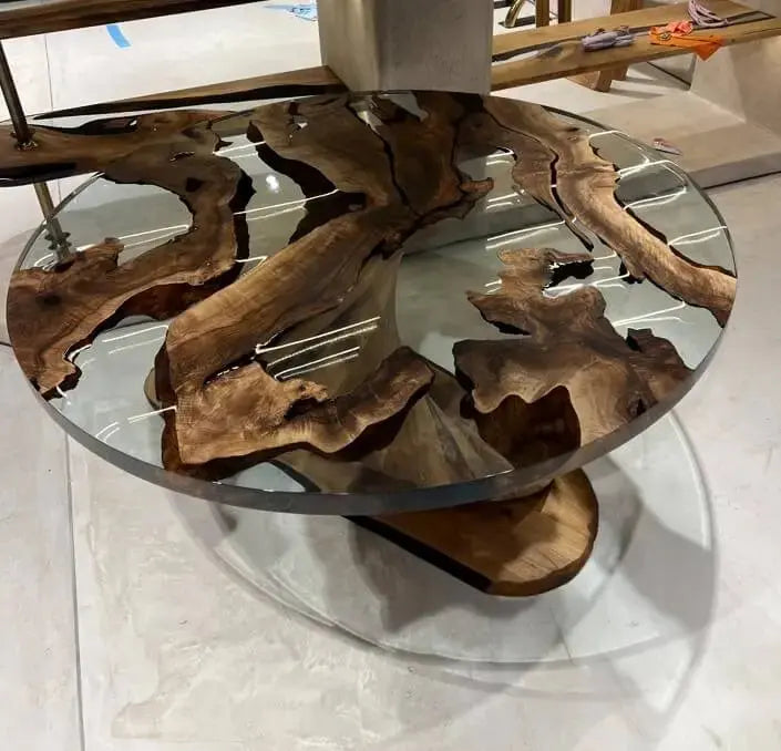 Round Epoxy Resin Table with Wooden Vortex Base Made of Walnut