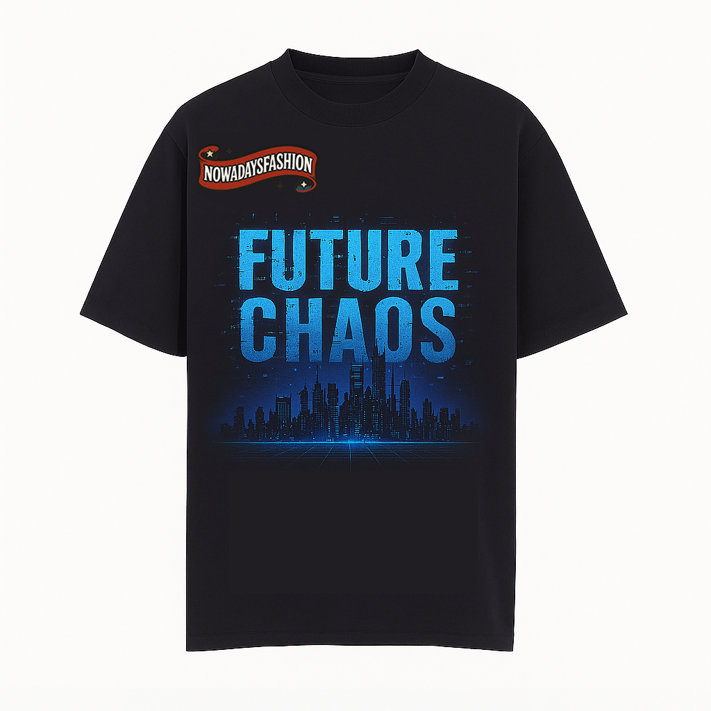 Men's Cyberpunk Graphic T-Shirt – FUTURE CHAOS Neon City Print Black Tee