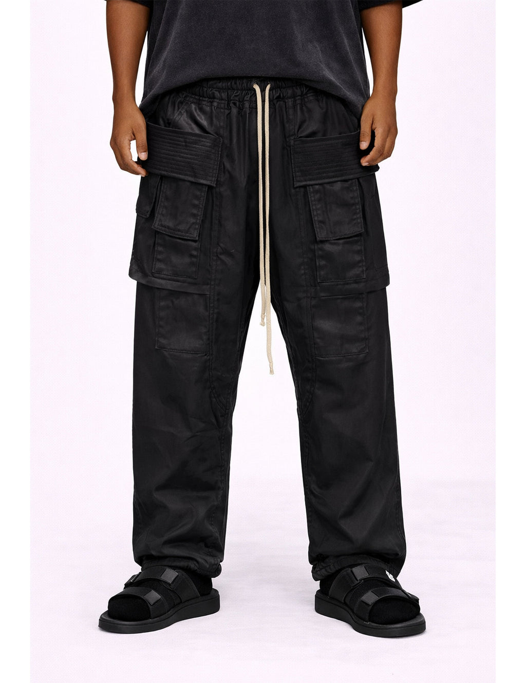 WAXED DROP-CROTCH DRAWSTRING CARGO PANTS