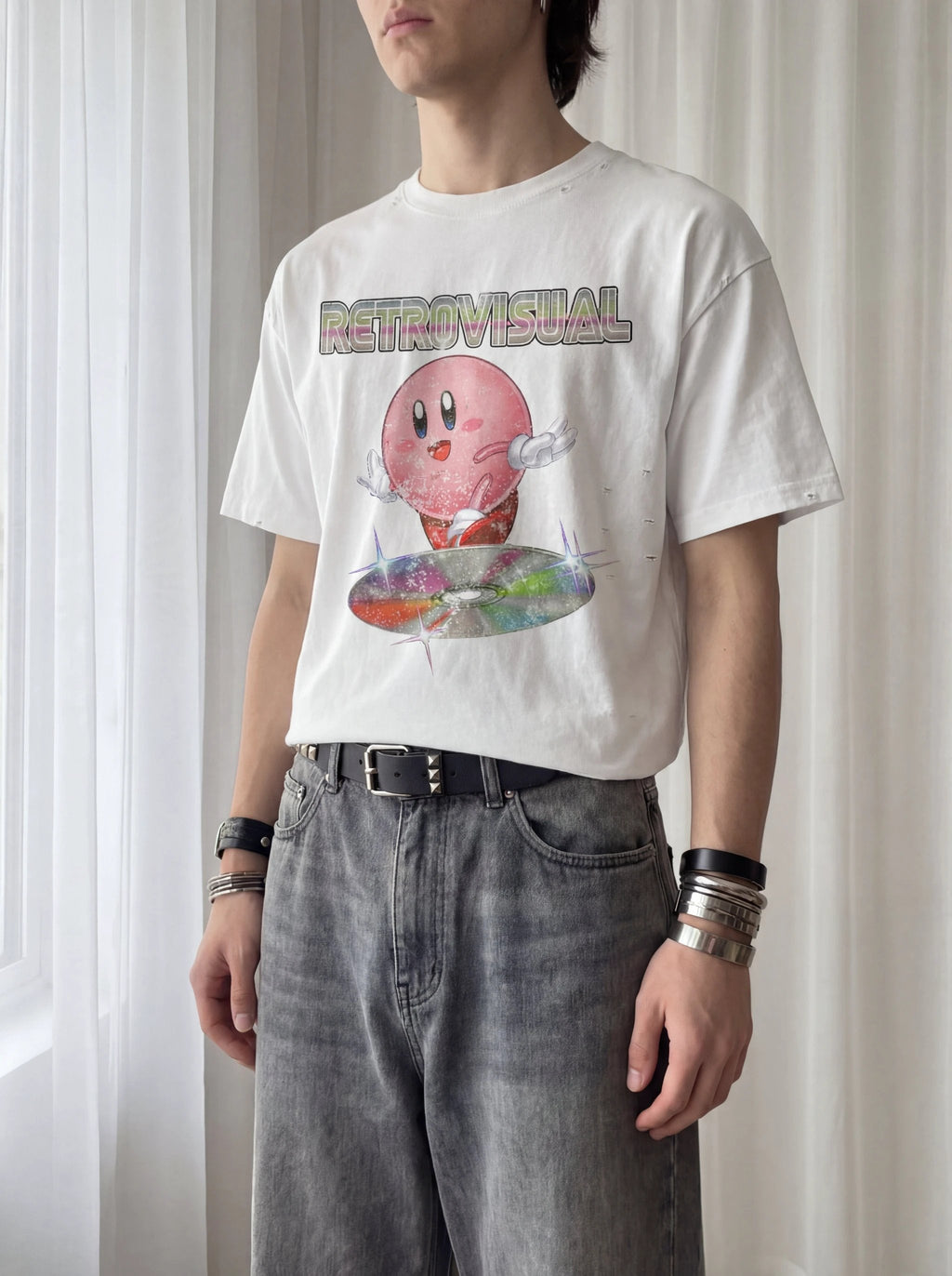 Kirby Vintage Streetwear Shirt Y2K Frayed Boxy Tee White Pink Cotton 250 GSM Distressed All Over