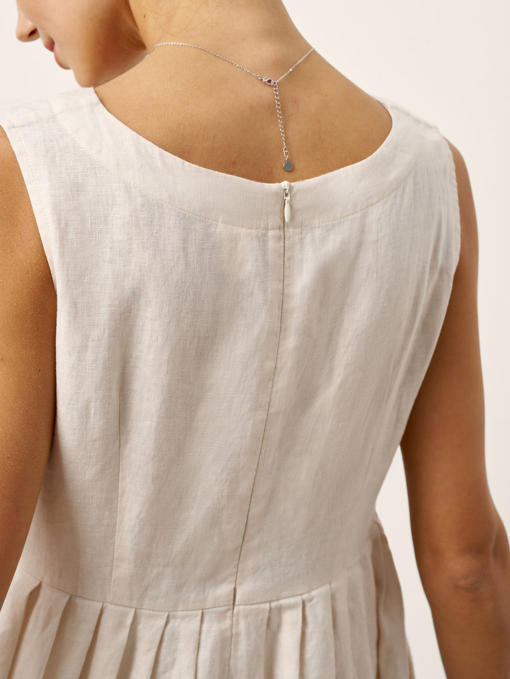 100% Linen Sleeveless Crew Neck Waist Pleated Midi Dress SELENE