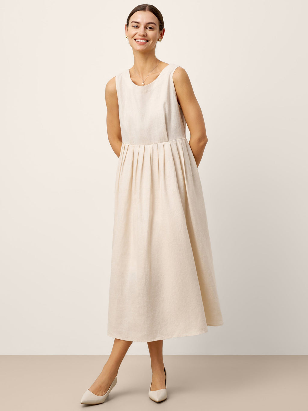 100% Linen Sleeveless Crew Neck Waist Pleated Midi Dress SELENE