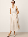 100% Linen Sleeveless Crew Neck Waist Pleated Midi Dress SELENE