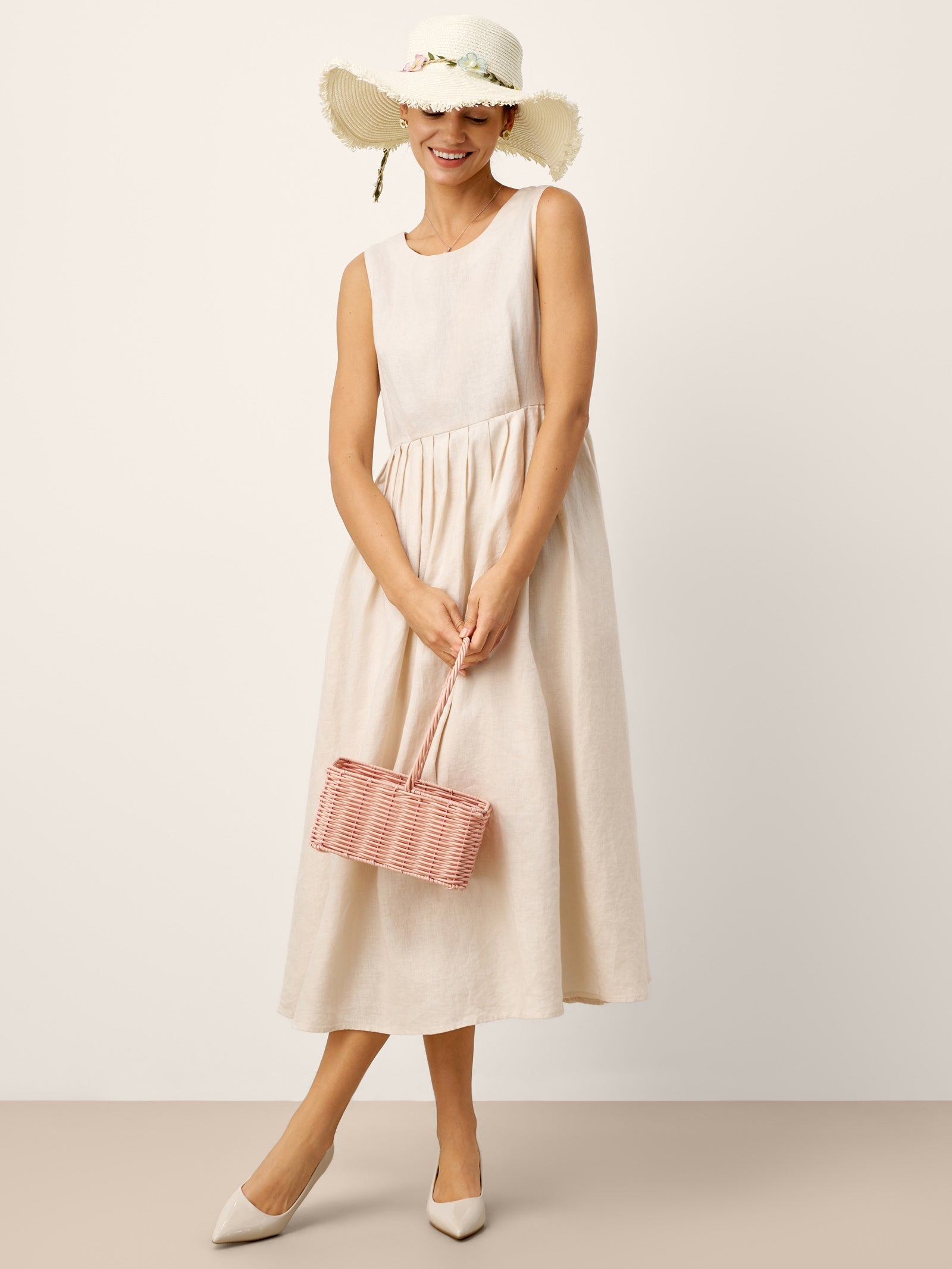 100% Linen Sleeveless Crew Neck Waist Pleated Midi Dress SELENE