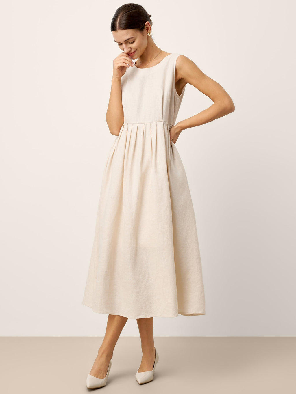 100% Linen Sleeveless Crew Neck Waist Pleated Midi Dress SELENE