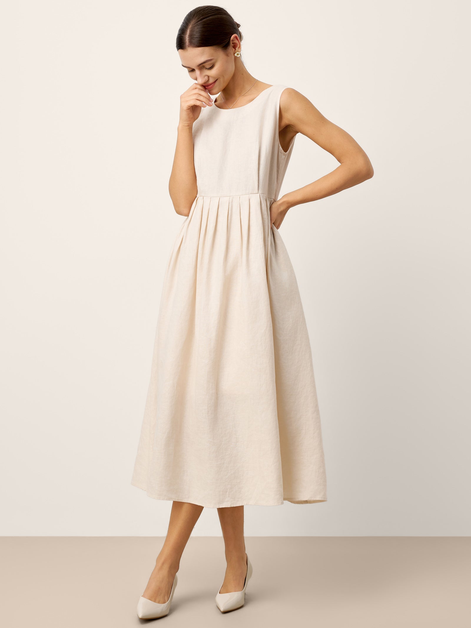100% Linen Sleeveless Crew Neck Waist Pleated Midi Dress SELENE