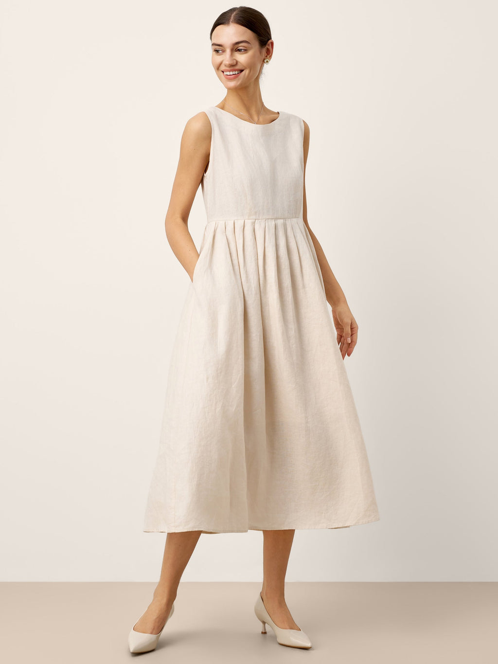 100% Linen Sleeveless Crew Neck Waist Pleated Midi Dress SELENE