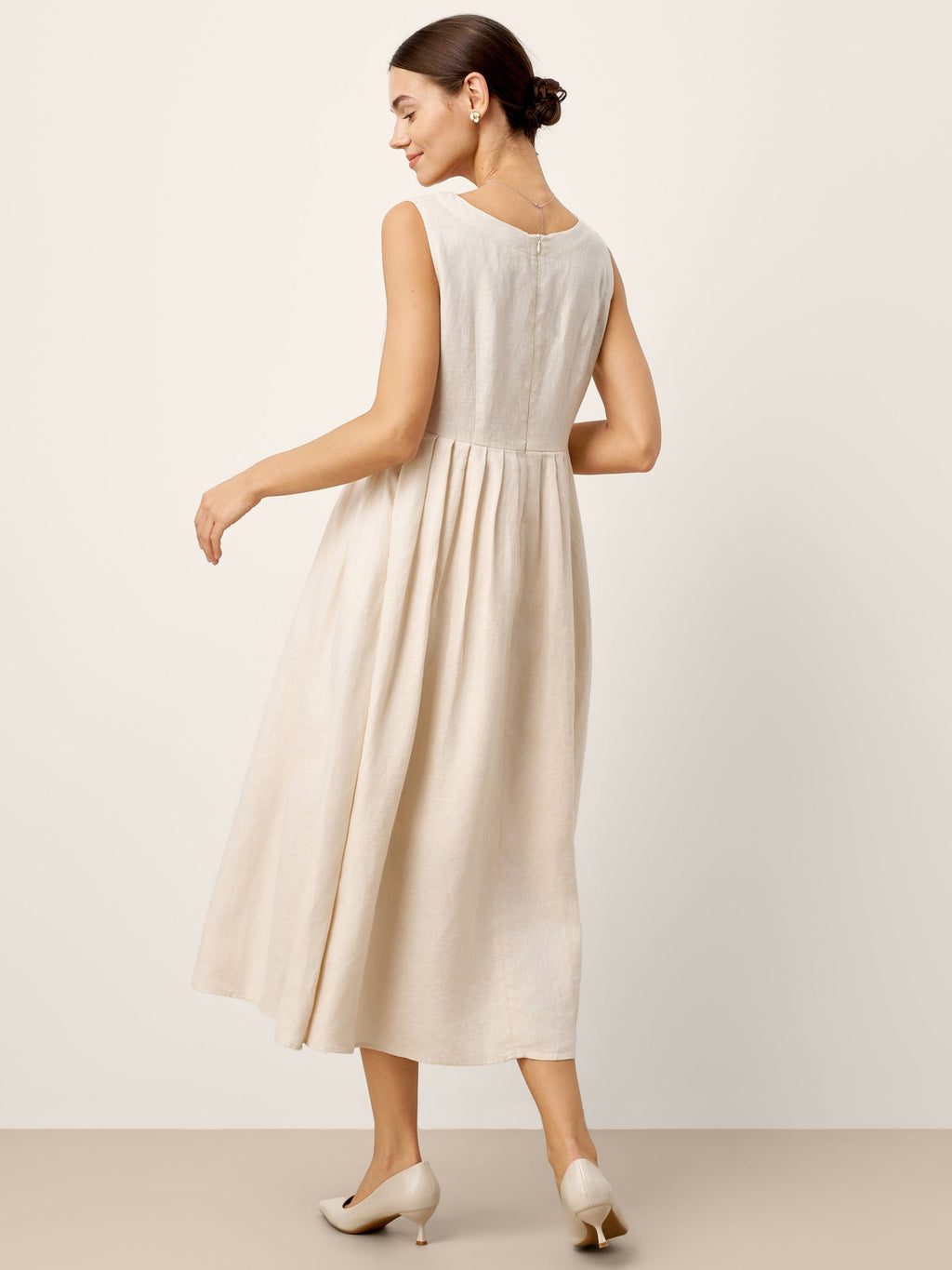 100% Linen Sleeveless Crew Neck Waist Pleated Midi Dress SELENE