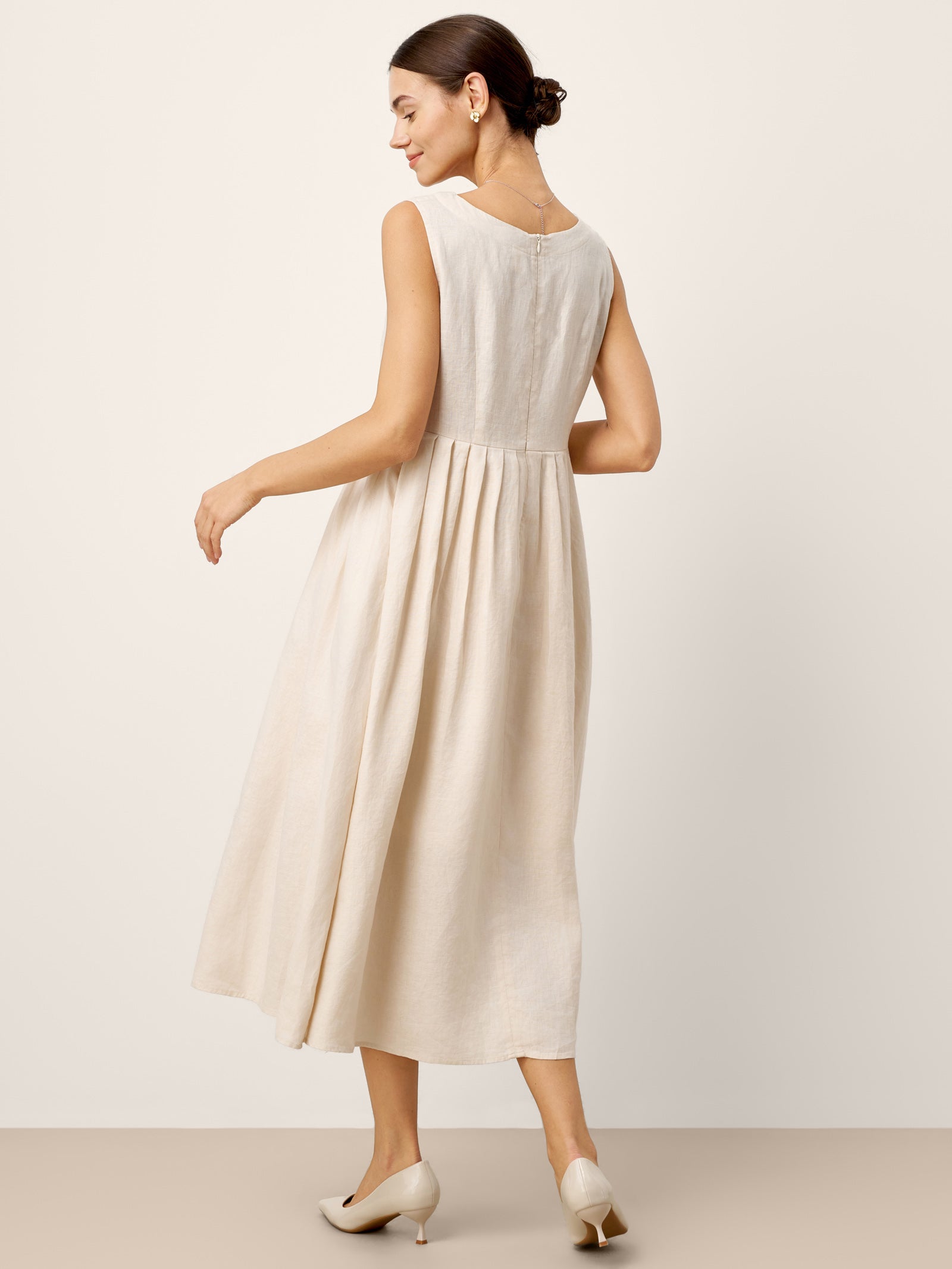 100% Linen Sleeveless Crew Neck Waist Pleated Midi Dress SELENE