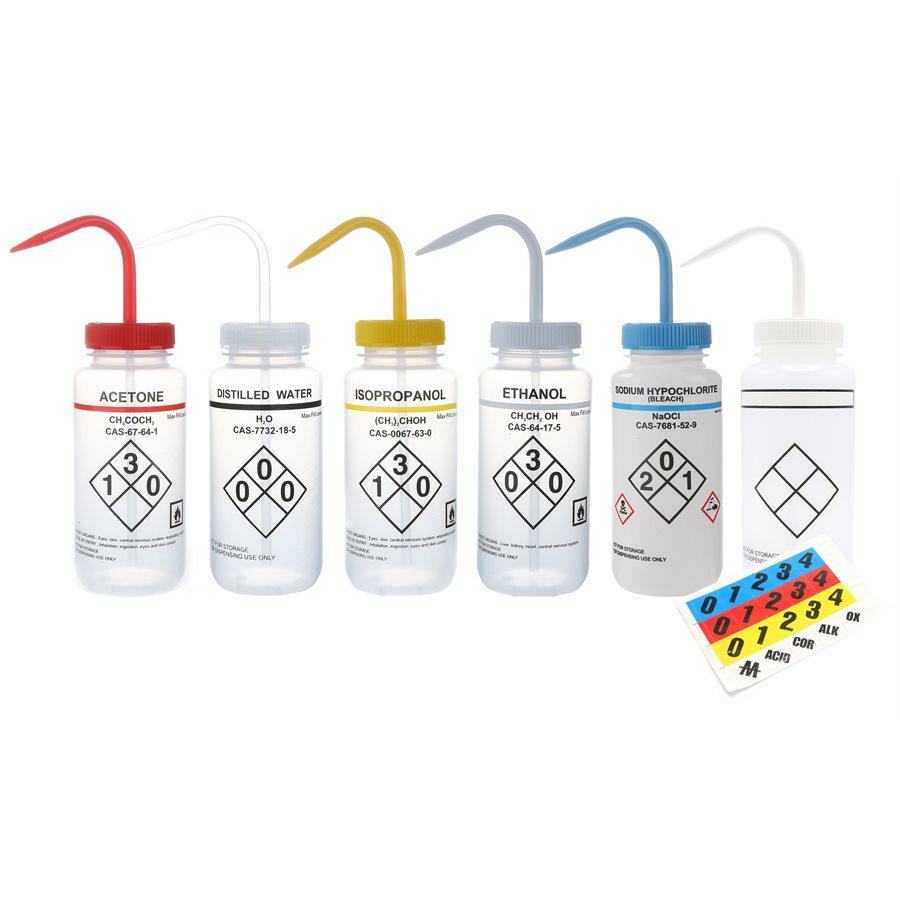 Heathrow Scientific 120254 Wash Bottles Safety Labeled, Self Venting, Wide Mouth, 500 mL, Methanol, Clear/Green