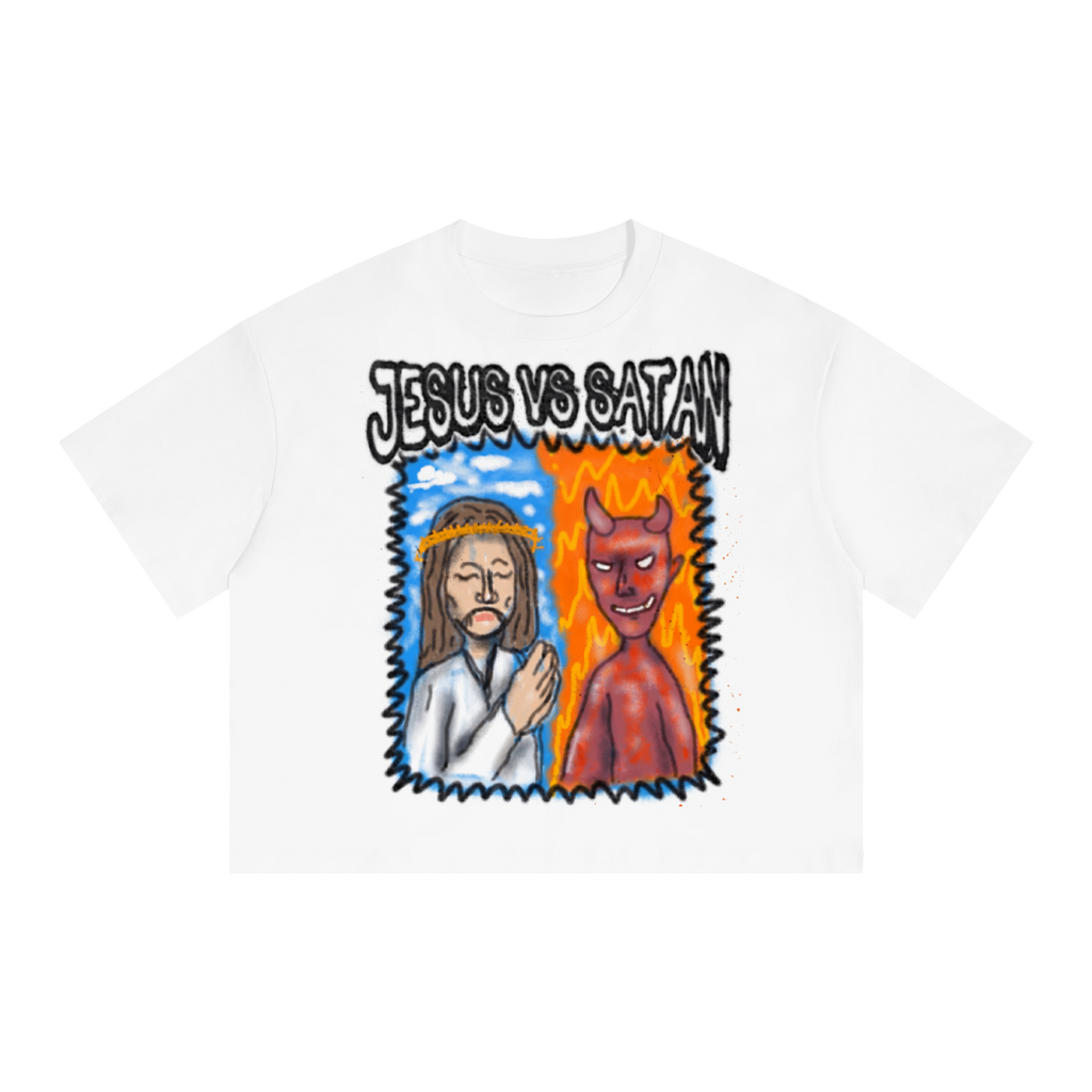 Jesus Vs Satan Streetwear Tee Y2k T-Shirt White Boxy Cropped 250GSM Summer Short Sleeve Crew Neck