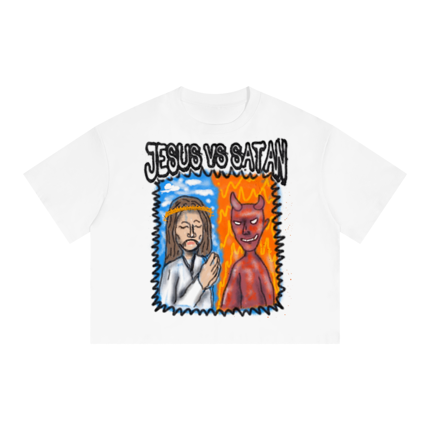 Jesus Vs Satan Streetwear Tee Y2k T-Shirt White Boxy Cropped 250GSM Summer Short Sleeve Crew Neck