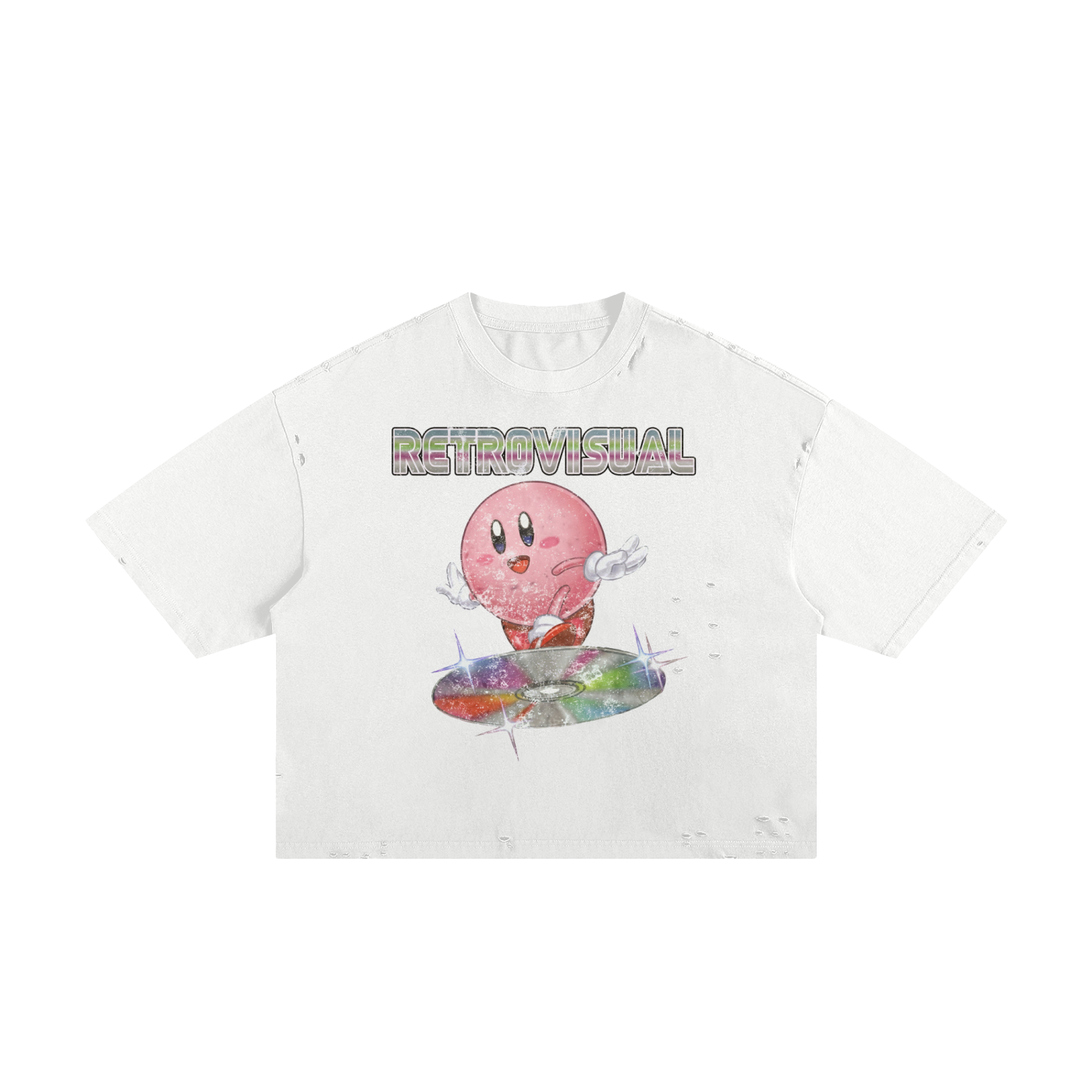 Kirby Vintage Streetwear Shirt Y2K Frayed Boxy Tee White Pink Cotton 250 GSM Distressed All Over